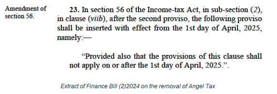 Extract of Finance Bill (2)2024 on the removal of Angel Tax