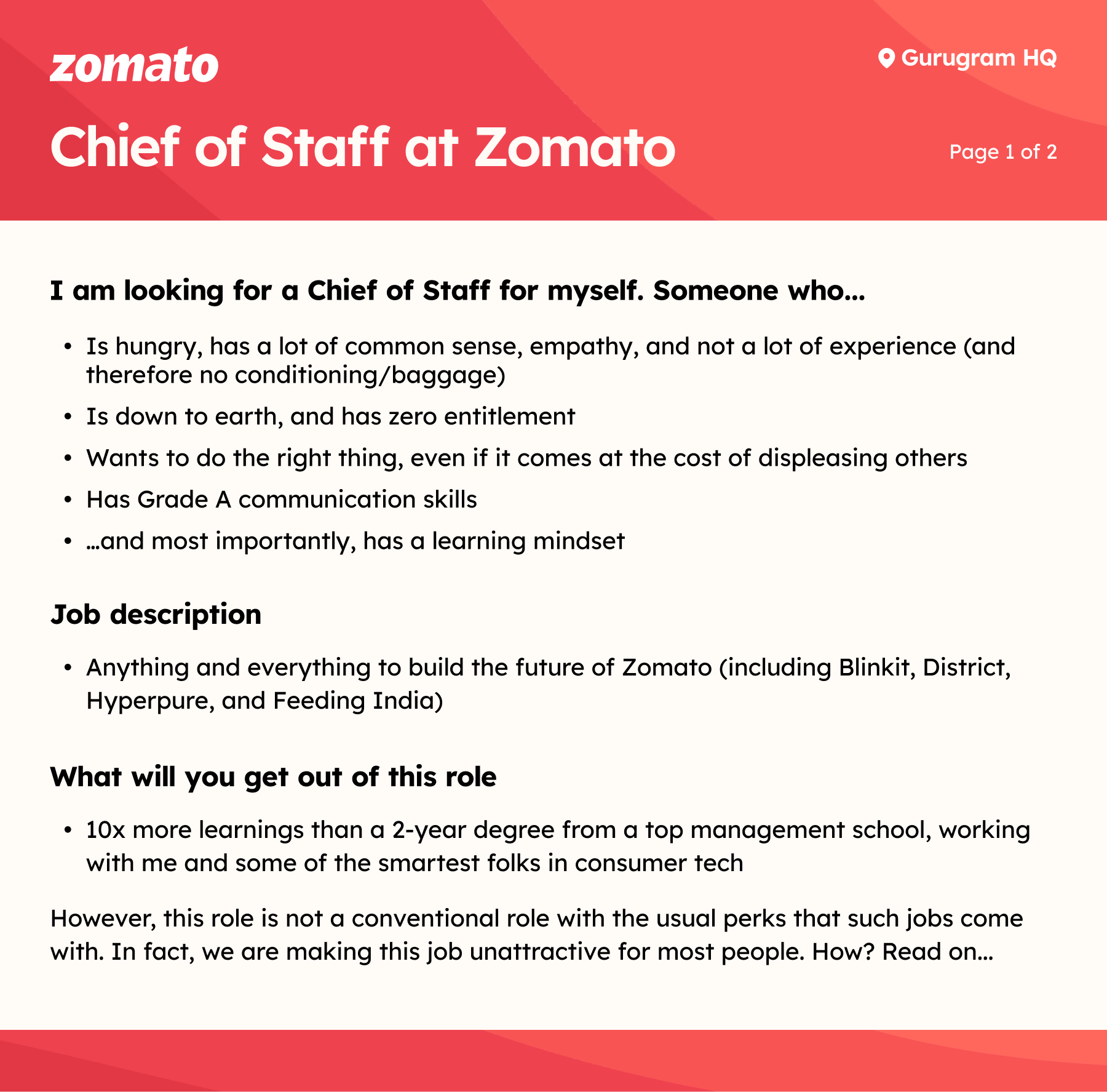 The selected person would oversee “anything and everything to build the future of Zomato”, it said. 