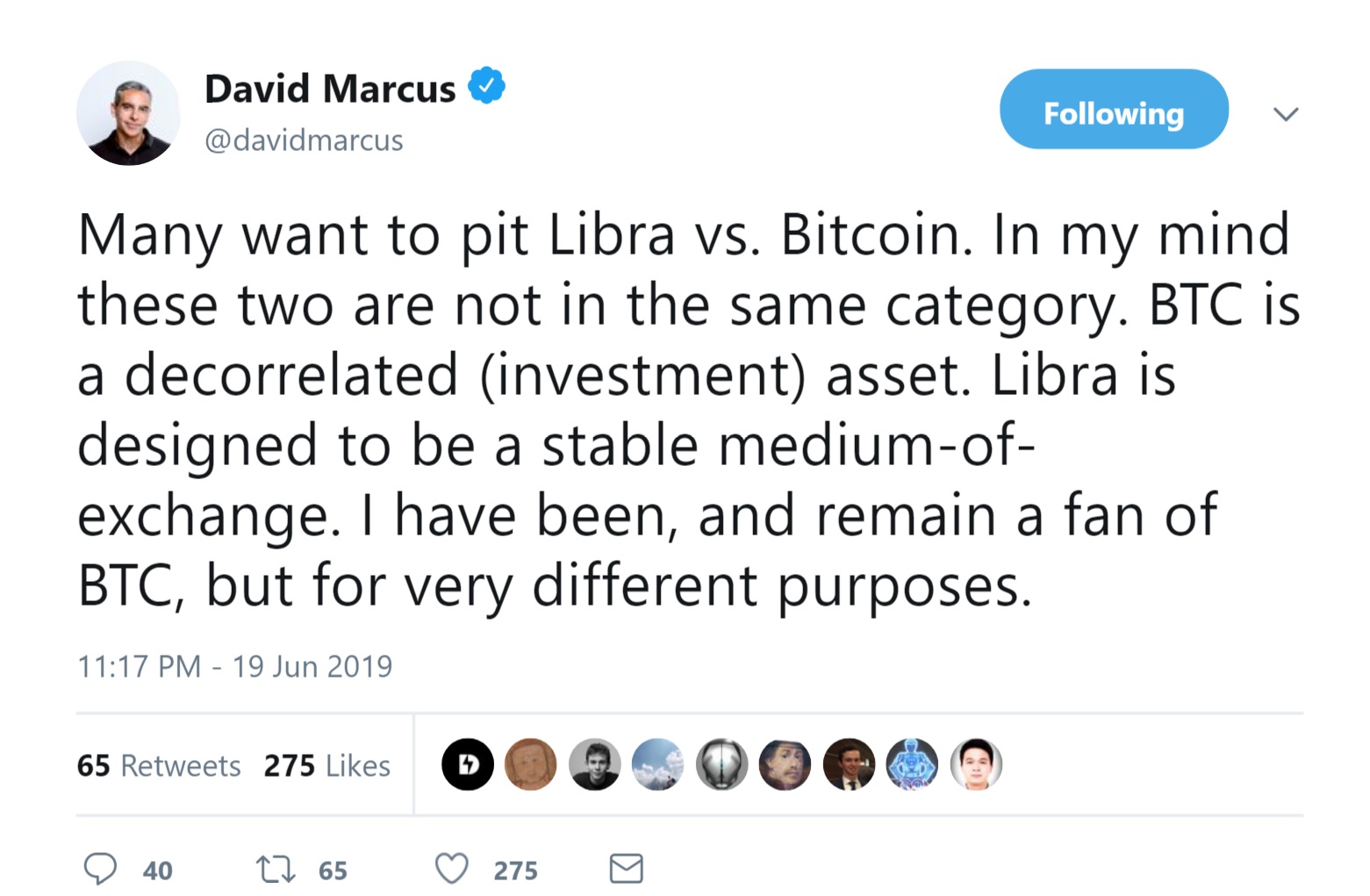 David Marcus on the most obvious comparison between Libra and Bitcoin
