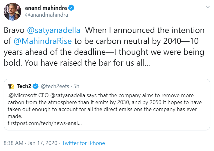  You’ve Raised The Bar: Mahindra Praises Microsoft’s Carbon Negative Initiative 