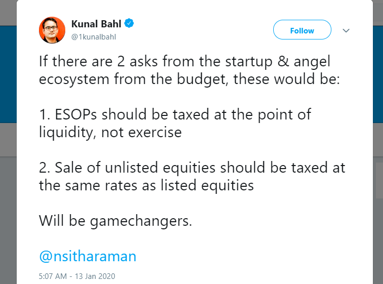 Union Budget 2020: Snapdeal Cofounder Seeks Tax Benefits To ESOPs