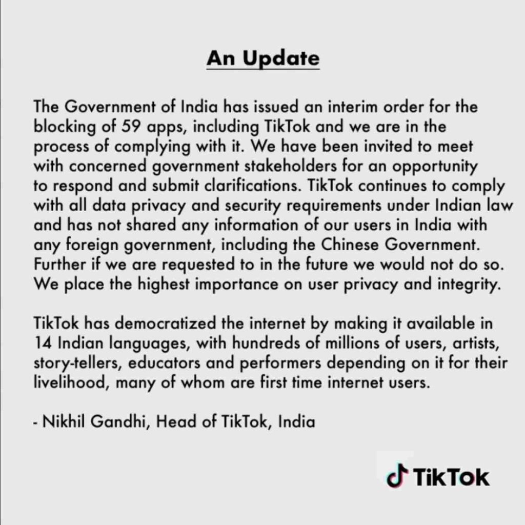 TikTok India Calls Ban On Chinese Apps An ‘Interim Order’, Says Company Committed To Users’ Data Privacy