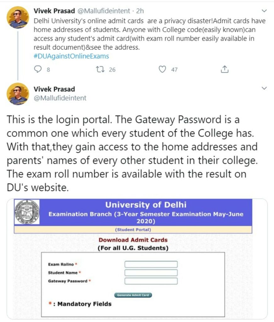 Twitter Users Flag Threat To Data Privacy In Delhi University’s Exam Admit Cards