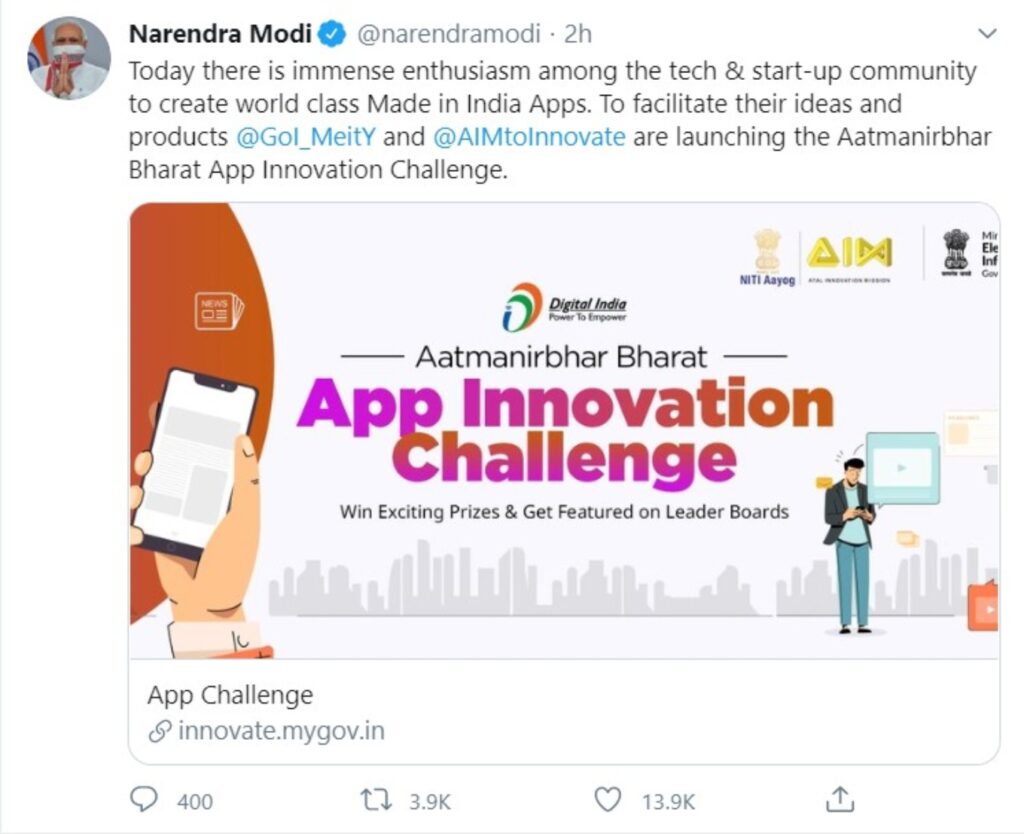 Modi announces app innovation challenge to promote Indian platforms