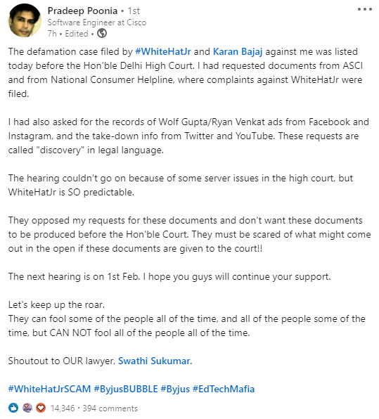 Pradeep Poonia Seeks Records On Wolf Gupta Ads, WhiteHat Jr Opposes