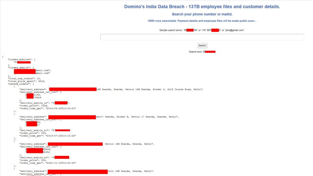 The leaked data from Domino's India