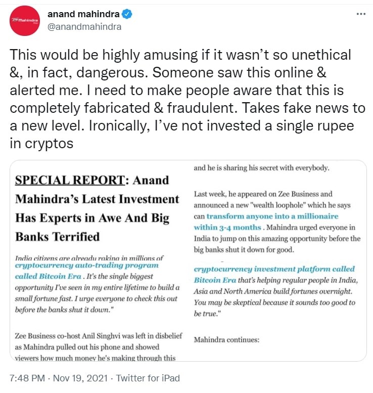 Anand Mahindra Denies Investing In Crypto, Slams ‘Fake’ Report