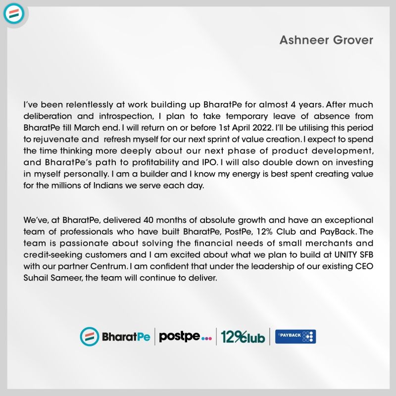 Ashneer Grover's LinkedIn Post on BharatPe Leave