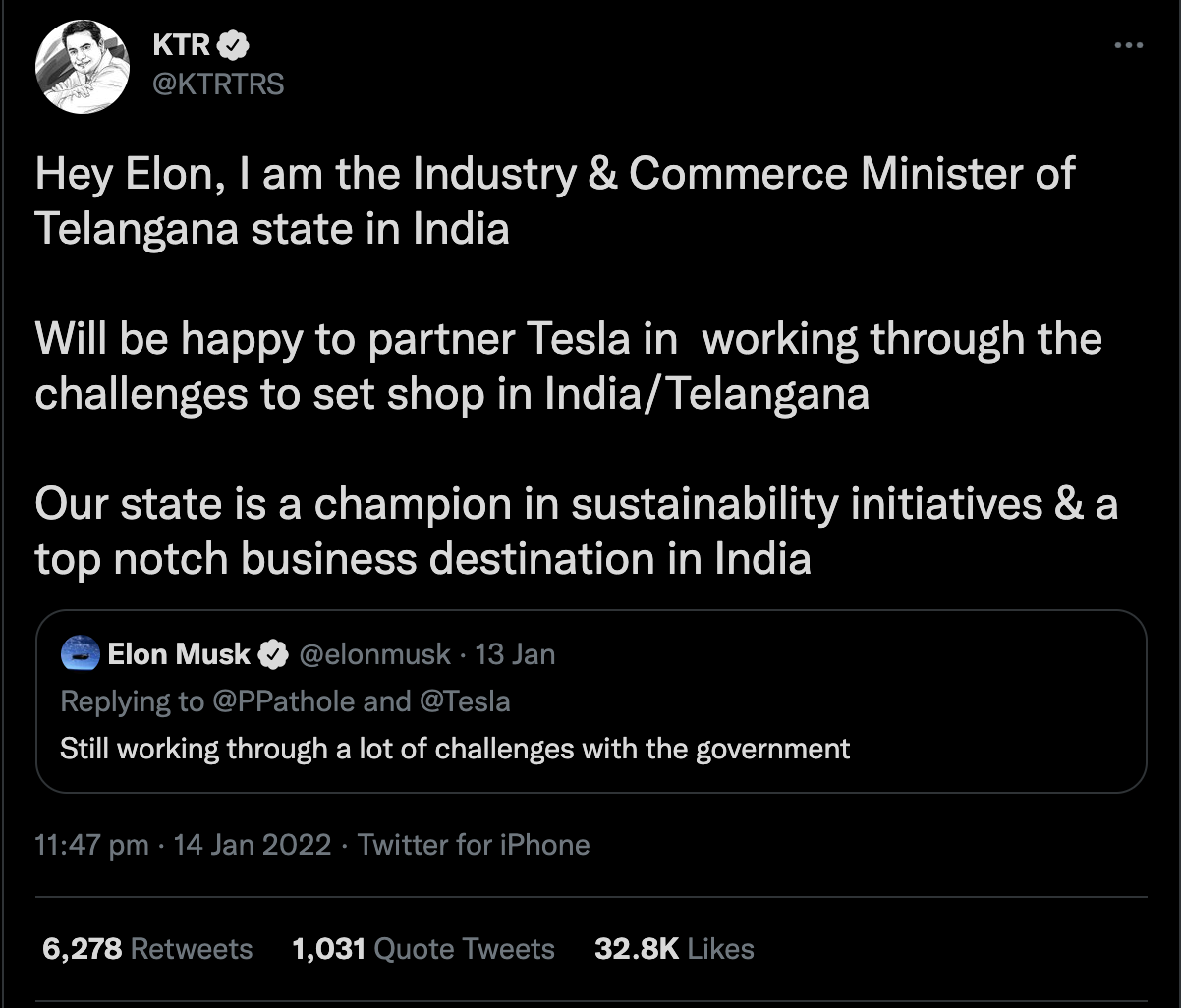 After Elon Musk’s Twitter Tirade, Telangana Minister KTR Invites Him To Set Up Unit In State
