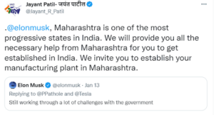 Indian Ministers Invite Musk To Their States Summary Elon Musk had tweeted citing ‘challenges with the government’ as a reason for delays to Tesla’s India plans State cabinet ministers from Telangana, West Bengal, Maharashtra, and Punjab tweeted asking Musk to bring Tesla to their states Maharashtra, Tamil Nadu, Andhra Pradesh, Haryana, Gujarat and Karnataka are the current top destinations for automobile manufacturers, according to Invest India    Elon Musk’s recent tweet saying challenges with the government are stopping the launch of electric car marque in India received a few responses from ministers of Indian states. Ministers from Telangana, Punjab, West Bengal, and Maharashtra have invited the Tesla founder to set up a plant in their states. 