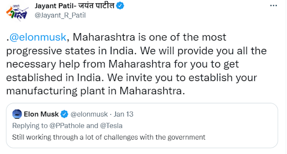 Indian Ministers Invite Musk To Their States Summary Elon Musk had tweeted citing ‘challenges with the government’ as a reason for delays to Tesla’s India plans State cabinet ministers from Telangana, West Bengal, Maharashtra, and Punjab tweeted asking Musk to bring Tesla to their states Maharashtra, Tamil Nadu, Andhra Pradesh, Haryana, Gujarat and Karnataka are the current top destinations for automobile manufacturers, according to Invest India Elon Musk’s recent tweet saying challenges with the government are stopping the launch of electric car marque in India received a few responses from ministers of Indian states. Ministers from Telangana, Punjab, West Bengal, and Maharashtra have invited the Tesla founder to set up a plant in their states. 