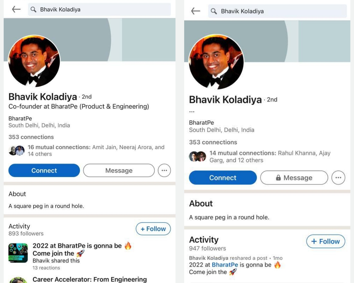 Bhavik Koladiya's LinkedIn profile before and after the Ashneer Grover controversy broke out
