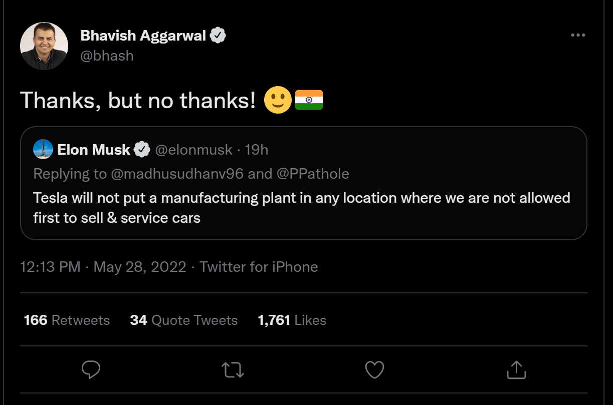 Bhavish Aggarwal Responds With A Cheeky Tweet To Musk’s Tweet 