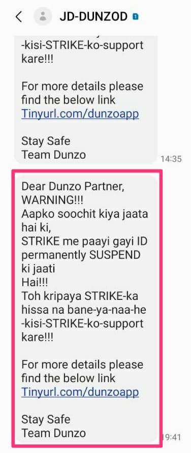 Dunzo's alleged message to delivery partners