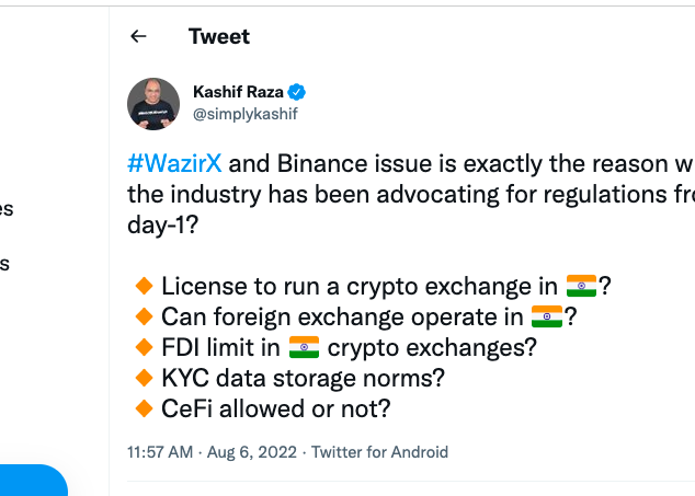 Kashif Raza tweets on WazirX