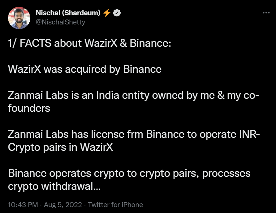 WazirX CEO's comments