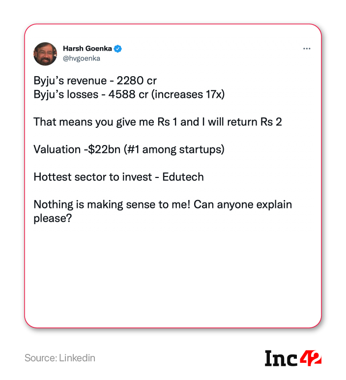 Harsh Goenka Tweets on Byju's revenue and losses