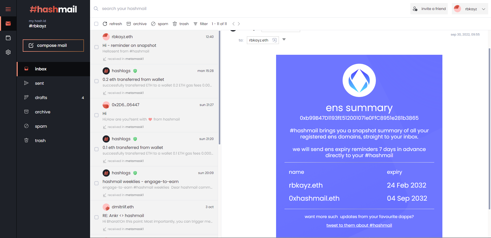 A screenshot of hashmail’s Web3 inbox