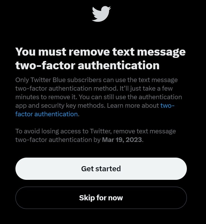 Twitter takes away two text message two factor authentication for non blue users