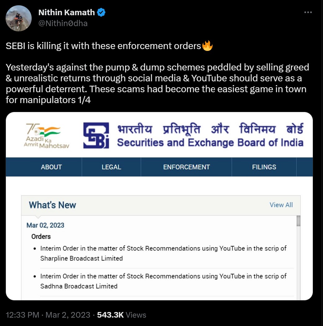 SEBI Cracked Down On Pump-And-Dump Scheme - Nithin kamath tweet