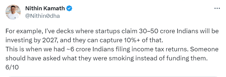 I've seen decks where startups claim 30–50 crore Indians will be investing by 2027,